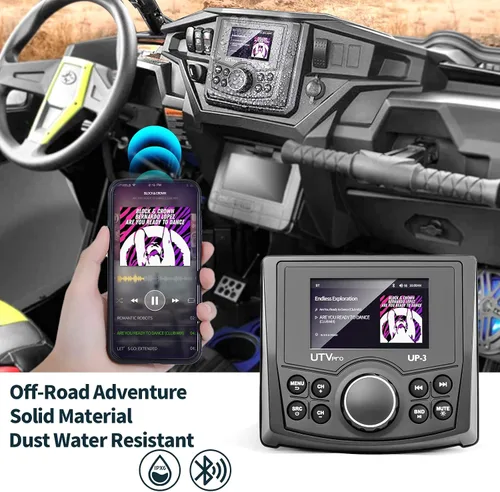 Vista 2 de Powersports UTV Stereo AM/FM con Bluetooth Streaming 3 zonas, compatible con cámara de visión trasera, interruptor amplificador externo