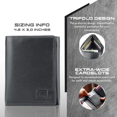 Vista 5 de Billetera triple de 8 compartimientos bloqueadora de RFID con espacio para identificación - Cuero auténtico - Billeteras bloqueadoras de RFID