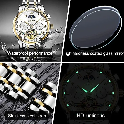 Vista 6 de OLEVS reloj mecánico automático, reloj de cuerda automático de lujo para hombre a prueba de agua, acero inoxidable.