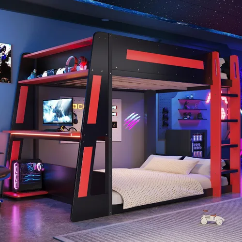 Vista 30 de Cama tipo loft en forma de L tamaño matrimonial e individual con 2 escritorios, tablero de clavijas y cajones de almacenamiento, marco de cama