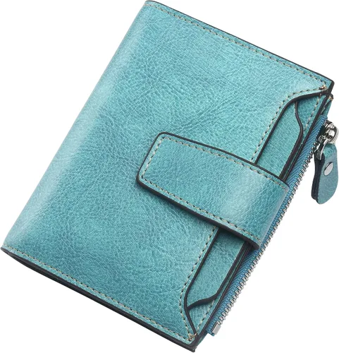 Vista 28 de Lavemi Pequeña cartera compacta para mujer, con bloqueo RFID, de piel auténtica, plegable, con ventanas de identificación