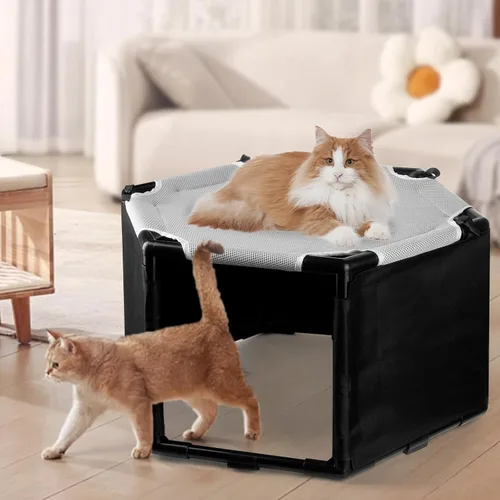Vista 2 de Hamaca elevada para gatos con valla de privacidad, cama elevada portátil para perros y gatos, malla transpirable y pies antideslizantes