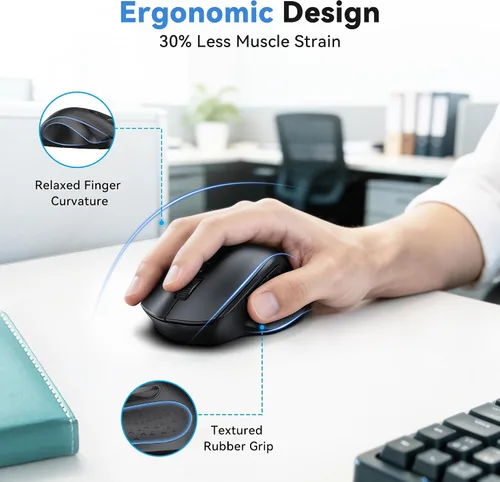 Vista 3 de TECKNET Ratón inalámbrico para computadora portátil, ratón inalámbrico Bluetooth de modo dual (BT5.2/3.0 y 2.4G), diseño ergonómico, DPI de 5