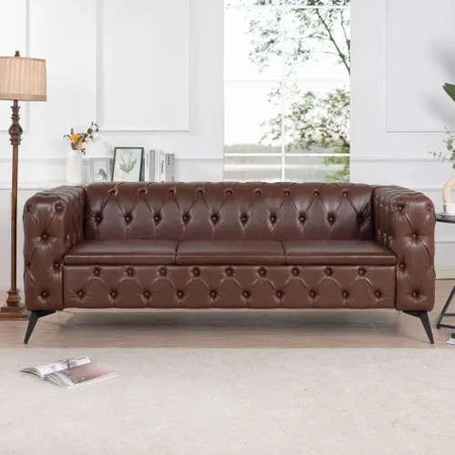 Vista 3 de Sofá Chesterfield de 84 pulgadas, piel sintética, cojín extraíble tradicional con brazo cuadrado de 3 plazas, ribete de botón copetudo con patas
