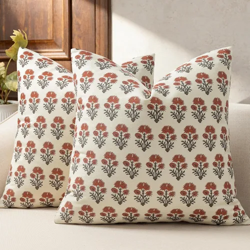 Vista 13 de Juego de 2 fundas de almohada florales de 20 x 20 pulgadas, fundas de almohada con diseño botánico campestre para sofá, cama, sala de estar, fundas