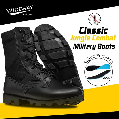 Vista 2 de Botas militares de WIDEWAY para hombres, botas de combate de jungla tácticas de cuero resistente al deslizamiento, negras, para hombres, todo