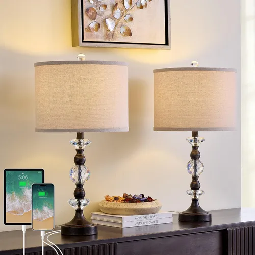 Vista 9 de Juego de 2 lámparas de mesa de cristal de 25.5" para dormitorio, lámparas de mesita de noche de bronce con puertos de carga USB A+C con pantalla