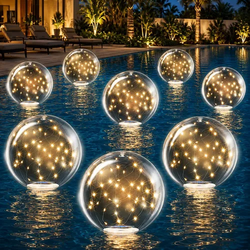 Vista 13 de TIALLY Luces flotantes de hadas para piscina alimentadas por energía solar, bolas LED inflables impermeables de 14 pulgadas, luces para piscina