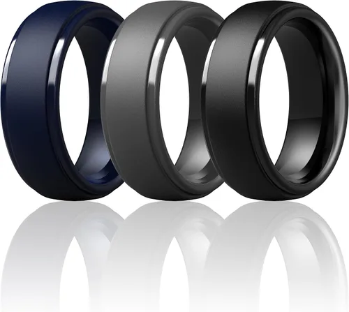 Vista 17 de ThunderFit Anillos de silicona para hombres, bandas de boda de goma con Pack A: Negro carbón