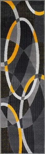 Vista 2 de Swirls Circles - Alfombra abstracta moderna de color amarillo, gris, negro (2 pies x 7 pies)