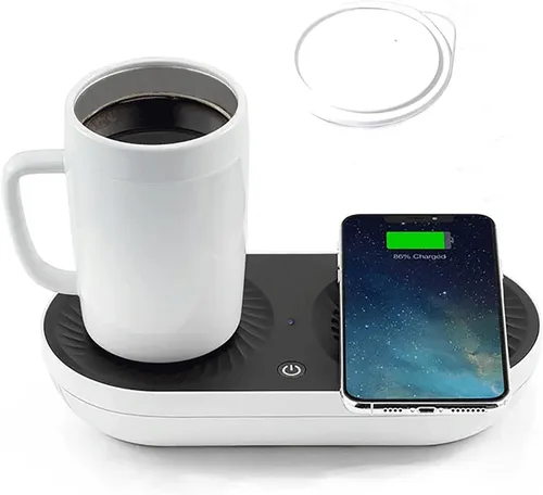 Vista 9 de Portavasos para automóvil con enfriador de bebidas, calentador inteligente de tazas, soporte para vasos 2 en 1 para automóvil (blanco con dorado)
