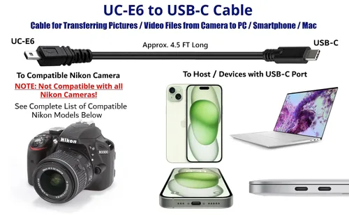 Vista 4 de Cable de carga de transferencia de imágenes USB con conector USB-C UC-E6 UC-E16 UC-E17 para cámaras Nikon Coolpix/DSLR seleccionadas para PC, iPhone