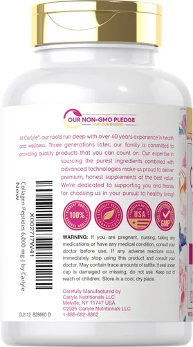 Vista 3 de Péptidos de colágeno Carlyle con vitamina C 6000mg 120 cápsulas Alimentado con pasto tipo I y III Fórmula de belleza Suplemento sin OMG, sin