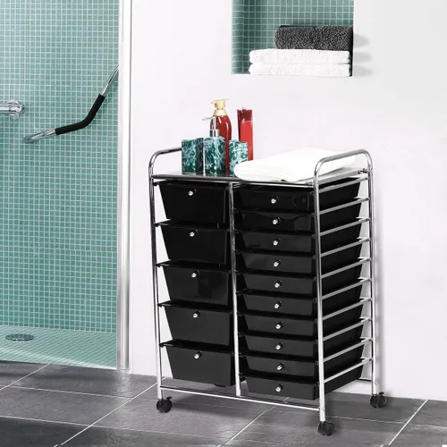 Vista 11 de Carrito de almacenamiento rodante de 15 cajones, carrito de utilidad móvil con ruedas con candado, cajones, carrito organizador multiusos para Negro