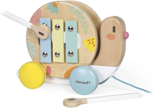 Vista 6 de Janod Pure Pull Along Caracol - Juguete musical de madera 2 en 1 - Edades 1+ - J05159
