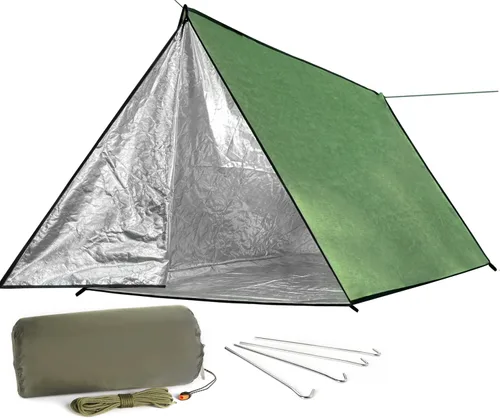 Vista 9 de LYN Tienda de campaña de emergencia reutilizable con cremallera extragrande, impermeable, térmica, ignífuga, ligera, con paracord✚estaca