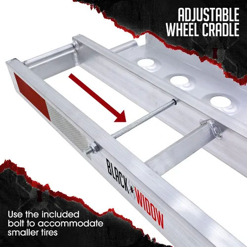 Vista 3 de Black Widow Portamotocicleta con enganche y rampa extra larga de 6 pies, aluminio ligero, capacidad de 400 lb. Incluye anti-traqueteo. Compatible