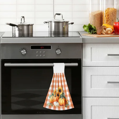 Vista 6 de Boccsty Toallas de Cocina Colgantes de Calabaza Otoñal 2 Piezas Cosecha Girasol Naranja Cuadros Buffalo Paños de Cocina con Lazo Toallas de Mano