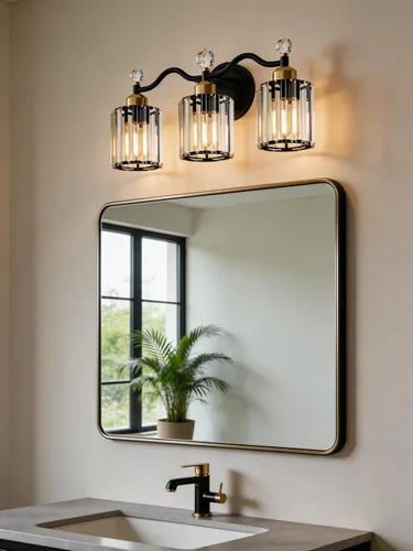 Vista 4 de Moderna lámpara de cristal para tocador de baño, 3 luces negras y doradas, lámparas de tocador sobre espejo, lámpara de pared de vidrio