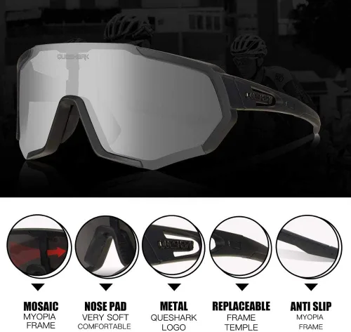Vista 3 de Queshark - Gafas de ciclismo, lentes de sol deportivos para hombres y mujeres, 1 lente polarizada 2 HD, lentes de sol polarizados para ciclismo