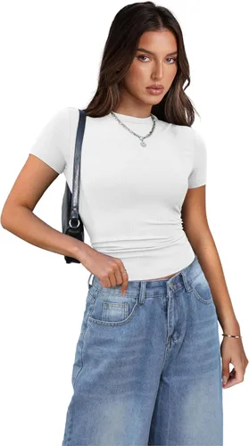 Vista 3 de XIEERDUO Camisetas de manga corta para mujer, cuello redondo, ajustadas, ropa Y2K 2024 para primavera y verano, camisetas básicas para salir