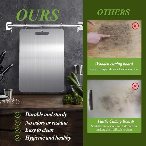 Vista 6 de Tabla de cortar de titanio, tablas de cortar de titanio 100% puro para cocina, doble cara de grado alimenticio, tabla de cortar apta