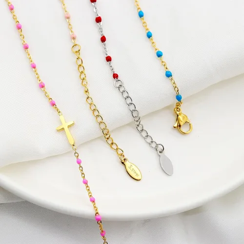 Vista 5 de Pulsera de Cuentas con Cruz Chapada en Oro de 14K para Mujeres, Pulsera de Acero Inoxidable Ajustable con Cruz de Fe Religiosa, Pulsera de Cadena