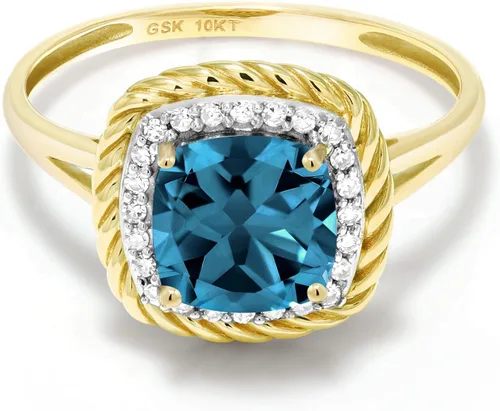 Vista 3 de Gem Stone King Anillo de compromiso de oro amarillo de 10 quilates con piedra natal y diamante blanco Cojín de 0.276 in Anillo de oro
