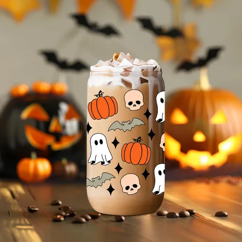 Vista 5 de Coolife Taza de otoño de calabaza y fantasma de Halloween – Taza de otoño de calabazas de 16 onzas, vaso de vidrio para café helado, tazas de vidrio
