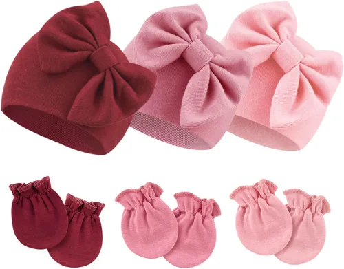 Vista 33 de BQUBO Gorros para Niñas Recién Nacidas Conjunto de Gorro y Manoplas para Bebé Gorros para Infantes con Moño Gorro de Hospital con Manoplas