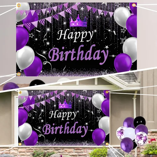 Vista 4 de Decoraciones de fiesta moradas y negras para mujeres, decoraciones de cumpleaños moradas para niñas y hombres con mantel de fondo de feliz