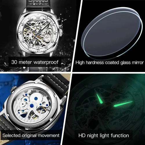 Vista 5 de OLEVS Visit The Store Automatic Men Watch Skeleton Self Winding Mechanical Luxury Stylish Leather Strap Steampunk Style Luminous Water Proof Wrist
