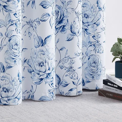Vista 7 de Beauoop - Cortinas florales 100% blackout, de 84 pulgadas de largo, 2 paneles, para dormitorio, sala de estar, azul marino y blanco