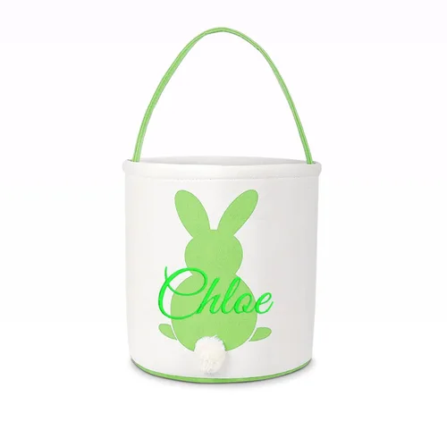 Vista 10 de Cesta de lona de Pascua personalizada con asa, cubo de huevo y conejo, color azul