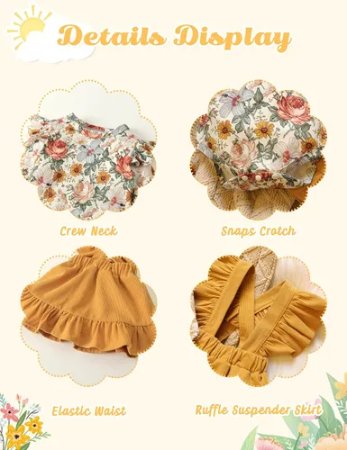 Vista 6 de ATEUNO Newborn Baby Girl Clothes Long Sleeve Floral Romper Tops Ruffle Suspender Skirt Set Infant Overall Dress Fall Outfits
