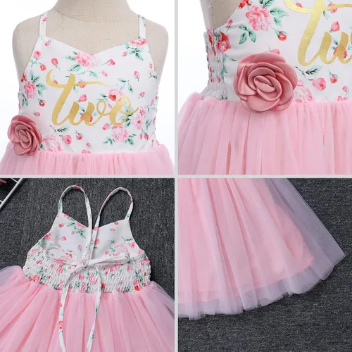 Vista 5 de Vestido de cumpleaños de 1. y 2 cumpleaños para niñas pequeñas, vestido de tutú de tul floral bohemio con diadema de flores para sesión de fotos