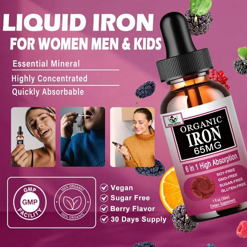 Vista 2 de Suplemento de hierro para mujeres con vitamina C, suplemento líquido 6 en 1 con vitamina B12, vitamina B6, gotas de hierro líquido de alta absorción