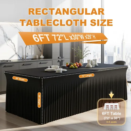Vista 3 de Mantel rectangular de elastano negro, funda elástica ajustada para mesas rectangulares de 1,8 m, falda de mesa elástica sin arrugas para decoración