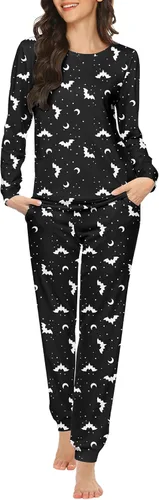 Vista 15 de Ekouaer - Conjunto de pijama de manga larga para mujer, ropa de dormir suave con cuello redondo y bolsillos, conjuntos de ropa de descanso Negro
