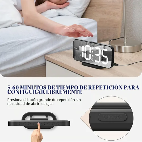 Vista 3 de Reloj despertador digital para dormitorio, superficie de espejo LED de 6.7 pulgadas con 2 puertos de carga USB, brillo ajustable, alarma doble Negro