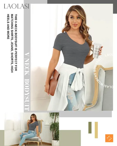 Vista 21 de LAOLASI Body con cuello en V para mujer, ajustado, casual, extensor