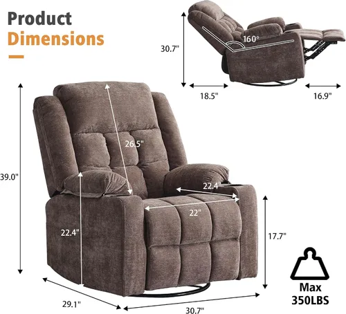 Vista 2 de Ketaiyou Silla reclinable giratoria eléctrica para adultos con masaje y calor, puertos USB y tipo C, posición infinita, sillón reclinable eléctrico