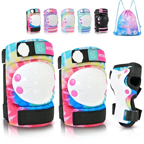 Vista 14 de NEMONE Rodilleras para niños, coderas, coderas, muñequeras con bolsa de cordón, juego de equipo de protección reflectante ajustable para patinetes