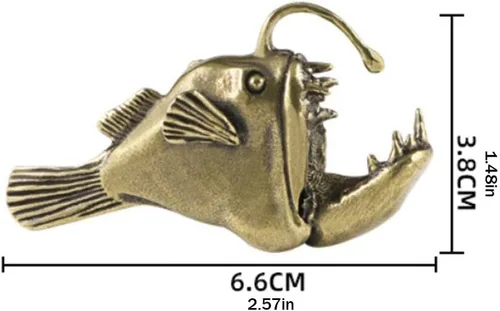 Vista 2 de Figura miniatura de pez de linterna, de latón, de animales marinos, escultura de estatua de pez pescador hecha a mano de metal para exhibición