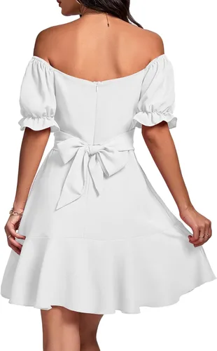 Vista 2 de LYANER Minivestido cruzado con volantes y cuello cuadrado para mujer, hombros descubiertos, manga corta, acampanado, vestido fluido