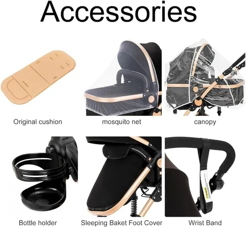 Vista 8 de Cochecito de bebé convertible 2 en 1, color negro Triangular Stability Frame, Front-Wheel Spring Suspension, One-Click Fold Design For Newborns &