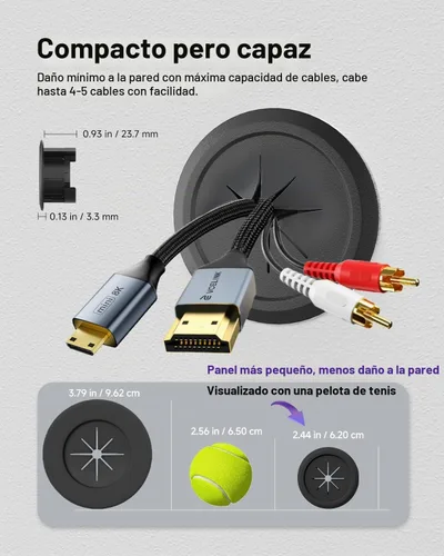 Vista 3 de VCELINK Kit de gestión de cables en pared, mini cable de pared de 2.44" (62 mm) para cables de TV/coaxial/HDMI/altavoces, incluye 2 pasos, soportes