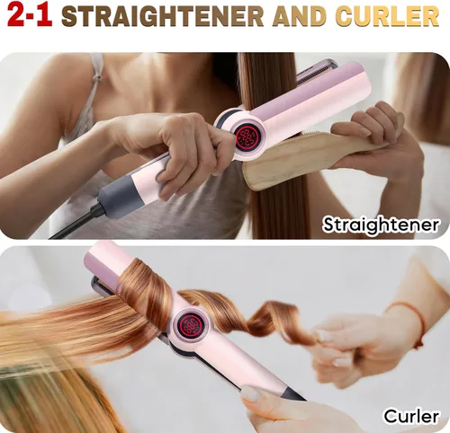 Vista 2 de Plancha alisadora y rizadora de pelo 2 en 1 para rizos duraderos, varita iónica antiquemaduras de 360°, calentamiento rápido de 30 segundos, apagado