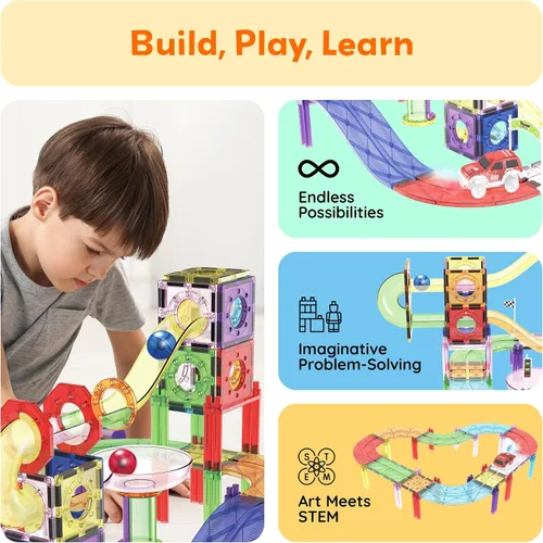 Vista 4 de PicassoTiles Juego de 121 azulejos magnéticos de pista de carreras de mármol 3 en 1, juego de construcción de carreras de automóviles, aprendizaje