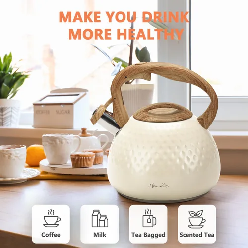 Vista 5 de Tetera de Harriet para estufa, tetera de 2.5QT con silbato de 5 capas en la parte inferior, tetera de acero inoxidable de grado alimenticio